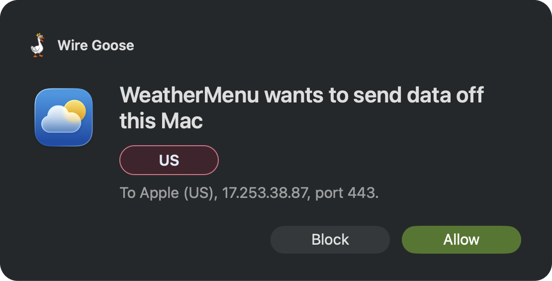 A Wire Goose alert: WeatherMenu wants to send data to Apple in the US, with Allow and Block.